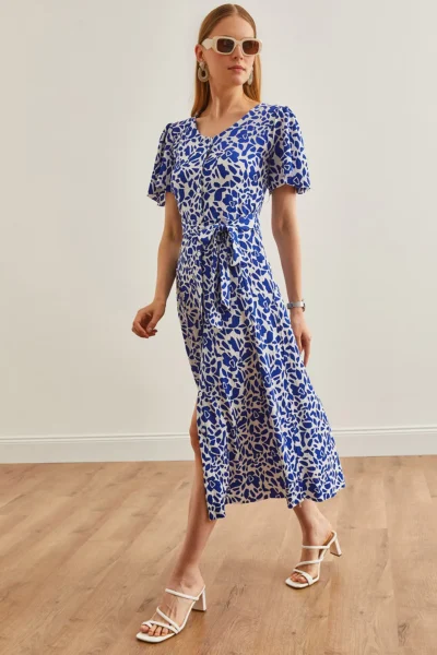 Olalook Women's Patterned Saks Blue V-Neck Belted Buttoned Knitted Dress