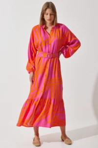 Happiness İstanbul Women's Orange Belted Oversize Summer Viscose Dress - Image 2