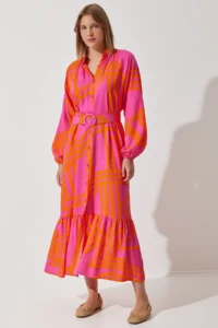 Happiness İstanbul Women's Orange Belted Oversize Summer Viscose Dress - Image 3