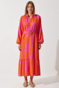 Happiness İstanbul Women's Orange Belted Oversize Summer Viscose Dress - Image 4