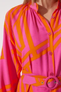 Happiness İstanbul Women's Orange Belted Oversize Summer Viscose Dress - Image 5