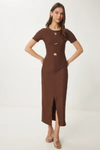 Happiness İstanbul Women's Brown Dore Accessories Corduroy Knitted Dress - Image 2