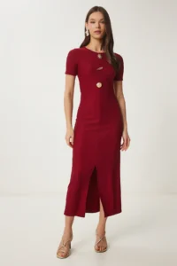 Happiness İstanbul Women's Burgundy Dore Accessories Corded Knitted Dress