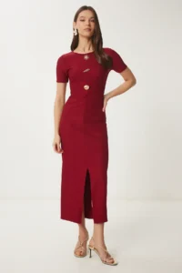 Happiness İstanbul Women's Burgundy Dore Accessories Corded Knitted Dress - Image 2