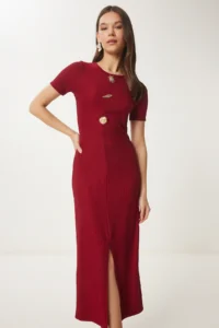 Happiness İstanbul Women's Burgundy Dore Accessories Corded Knitted Dress - Image 3