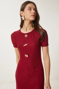 Happiness İstanbul Women's Burgundy Dore Accessories Corded Knitted Dress - Image 4