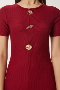 Happiness İstanbul Women's Burgundy Dore Accessories Corded Knitted Dress - Image 5