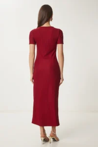 Happiness İstanbul Women's Burgundy Dore Accessories Corded Knitted Dress - Image 6