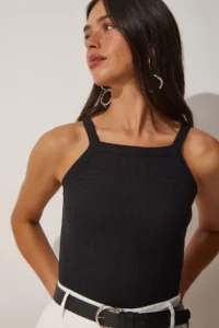 Happiness İstanbul Women's Black Ribbed Crop Halter Neck Knitted Undershirt - Image 2