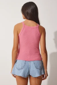 Happiness İstanbul Women's Pink Ribbed Crop Halter Neck Knitted Undershirt - Image 4