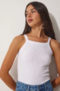 Happiness İstanbul Women's White Ribbed Crop Halter Neck Knitted Undershirt - Image 3