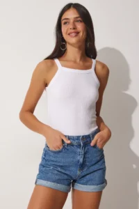 Happiness İstanbul Women's White Ribbed Crop Halter Neck Knitted Undershirt - Image 4