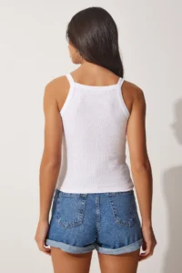 Happiness İstanbul Women's White Ribbed Crop Halter Neck Knitted Undershirt - Image 5