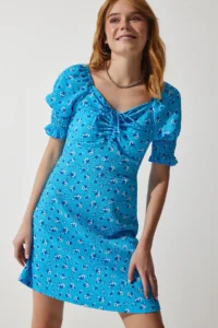 Happiness İstanbul Women's Light Blue Gathered V-neck Patterned Knitted Dress