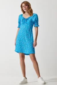 Happiness İstanbul Women's Light Blue Gathered V-neck Patterned Knitted Dress - Image 2