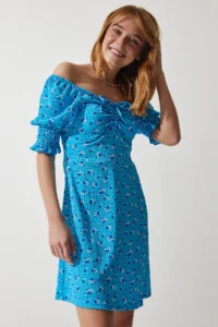 Happiness İstanbul Women's Light Blue Gathered V-neck Patterned Knitted Dress - Image 3