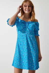 Happiness İstanbul Women's Light Blue Gathered V-neck Patterned Knitted Dress - Image 4