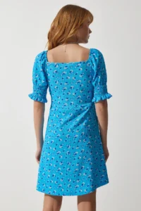 Happiness İstanbul Women's Light Blue Gathered V-neck Patterned Knitted Dress - Image 6