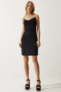 Happiness İstanbul Women's Black Scoop Neck Saran Mini Sandy Knitted Dress - Image 2