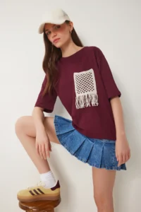 Happiness İstanbul Women's Burgundy Oversize Embroidery Pocket Knitted T-Shirt
