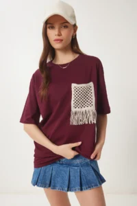 Happiness İstanbul Women's Burgundy Oversize Embroidery Pocket Knitted T-Shirt - Image 2
