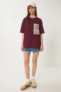 Happiness İstanbul Women's Burgundy Oversize Embroidery Pocket Knitted T-Shirt - Image 3