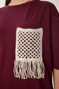 Happiness İstanbul Women's Burgundy Oversize Embroidery Pocket Knitted T-Shirt - Image 4