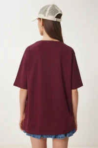 Happiness İstanbul Women's Burgundy Oversize Embroidery Pocket Knitted T-Shirt - Image 5