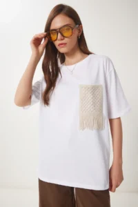 Happiness İstanbul Women's White Oversize Embroidery Pocket Knitted T-Shirt