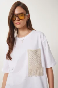 Happiness İstanbul Women's White Oversize Embroidery Pocket Knitted T-Shirt - Image 2