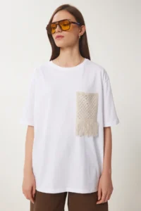 Happiness İstanbul Women's White Oversize Embroidery Pocket Knitted T-Shirt - Image 4