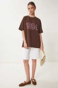 Happiness İstanbul Women's Brown Oversize Printed Knitted T-Shirt