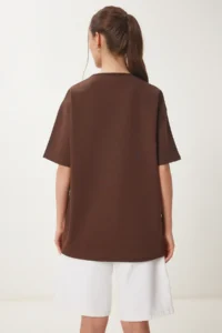 Happiness İstanbul Women's Brown Oversize Printed Knitted T-Shirt - Image 5