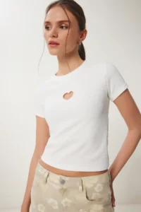 Happiness İstanbul Women's Bone Heart Embroidered Corduroy Knitted T-Shirt - Image 2