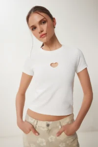 Happiness İstanbul Women's Bone Heart Embroidered Corduroy Knitted T-Shirt - Image 3