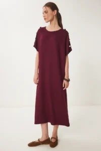 Happiness İstanbul Women's Burgundy Button Detailed Summer Knitted Dress