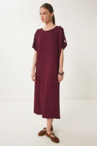 Happiness İstanbul Women's Burgundy Button Detailed Summer Knitted Dress - Image 2