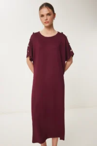 Happiness İstanbul Women's Burgundy Button Detailed Summer Knitted Dress - Image 3
