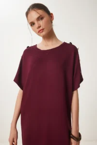 Happiness İstanbul Women's Burgundy Button Detailed Summer Knitted Dress - Image 4