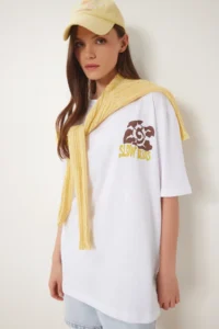 Happiness İstanbul Women White Printed Cotton Knitting T-Shirt - Image 2