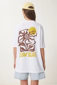 Happiness İstanbul Women White Printed Cotton Knitting T-Shirt - Image 4