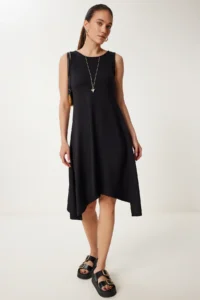 Happiness İstanbul Women's Black Asymmetric Cut Summer Knitted Dress