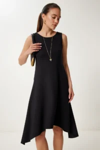 Happiness İstanbul Women's Black Asymmetric Cut Summer Knitted Dress - Image 3