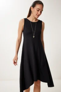 Happiness İstanbul Women's Black Asymmetric Cut Summer Knitted Dress - Image 4