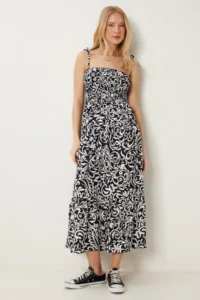 Happiness İstanbul Women's Black and White Patterned Strappy Summer Viscose Dress - Image 2
