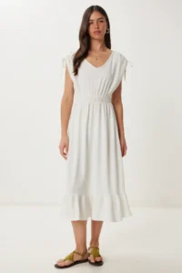 Happiness İstanbul Women's Ecru Flounced Summer Midi Crinkle Knitted Dress