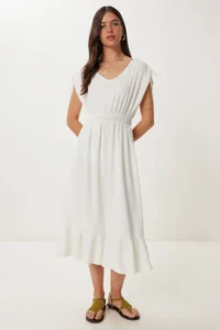 Happiness İstanbul Women's Ecru Flounced Summer Midi Crinkle Knitted Dress - Image 2