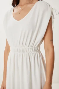 Happiness İstanbul Women's Ecru Flounced Summer Midi Crinkle Knitted Dress - Image 3