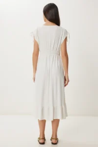 Happiness İstanbul Women's Ecru Flounced Summer Midi Crinkle Knitted Dress - Image 4