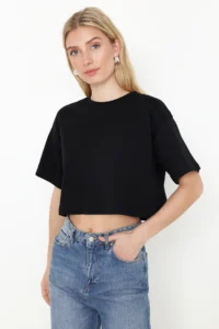 TRENDYOLMİLLA Black-White 2 Sets Package 100% Cotton Relax/Comfortable Cut Crop Knitting T-Shirt - Image 5